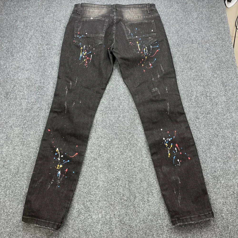 Kilogram‎ Streetwear Paint Splatter Distressed Faded Black Slim Fit Denim Pants